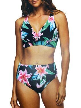 NWT  Women's M Tropical Floral Bikini Set With High-Waist Bottoms i1938